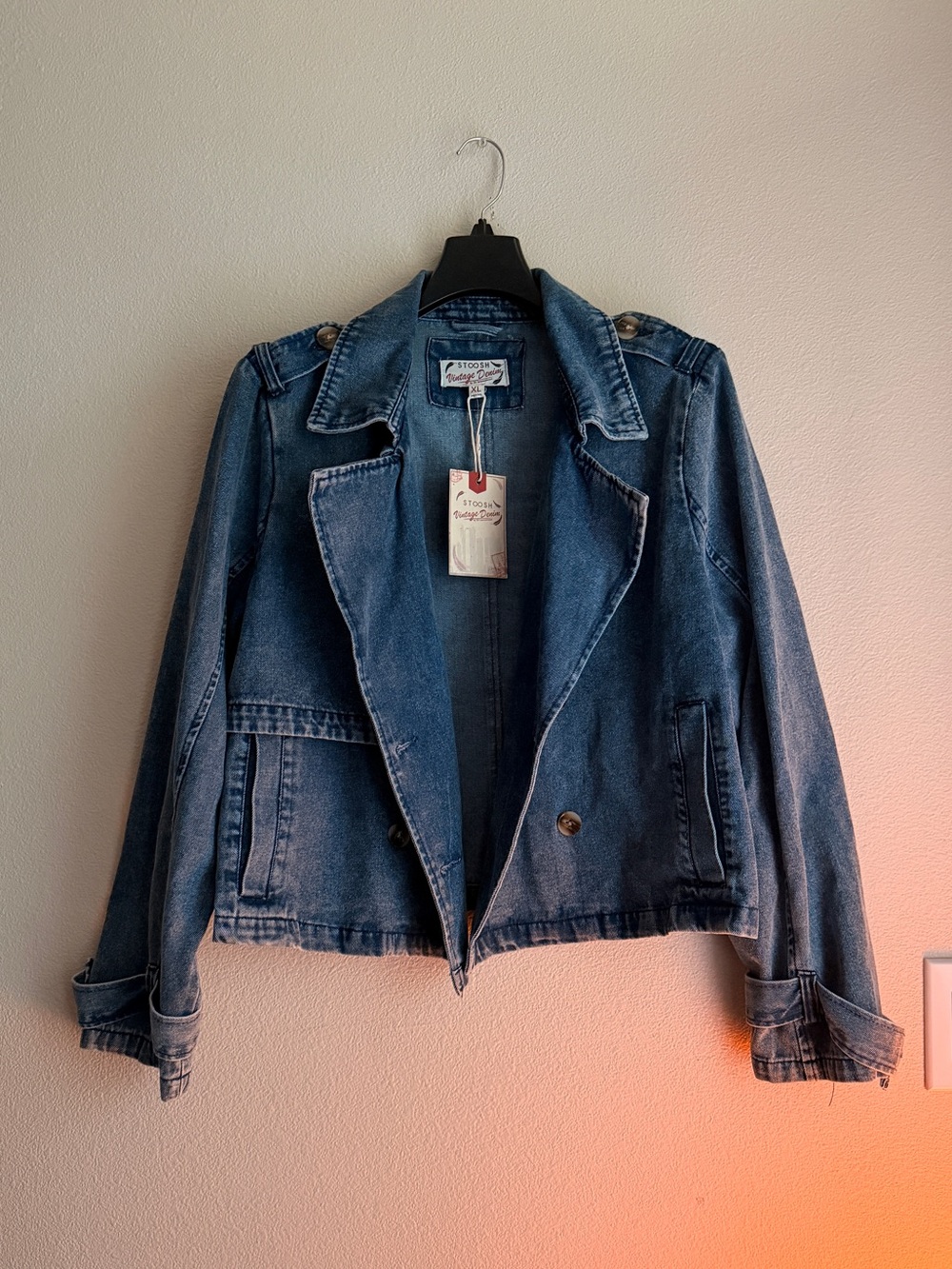 NWT Stoosh Denim Moto Jacket XL Y2K Biker Cropped Streetwear